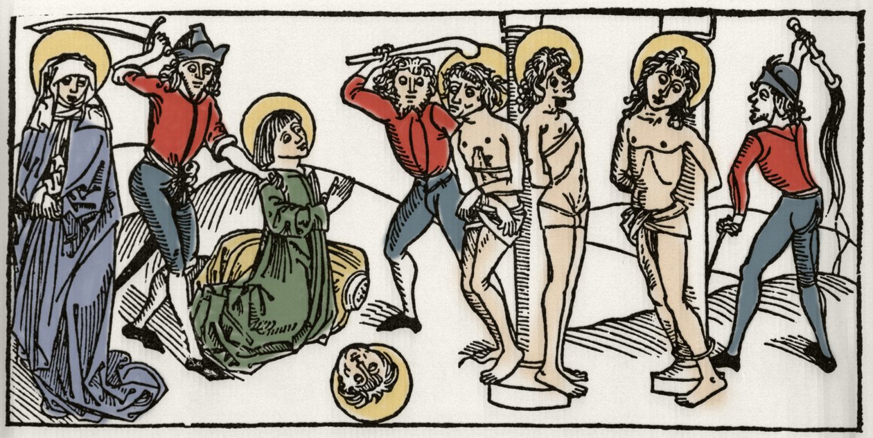 Il martirio di Santa Felicita e dei suoi sette figli di Roma. Incisione da Leben der Heiligen - sommerteil (Il libro dei santi) di Jacobus (Giacomo) da Varagine (1228-1298). Lubecca 1488 da Unknown artist