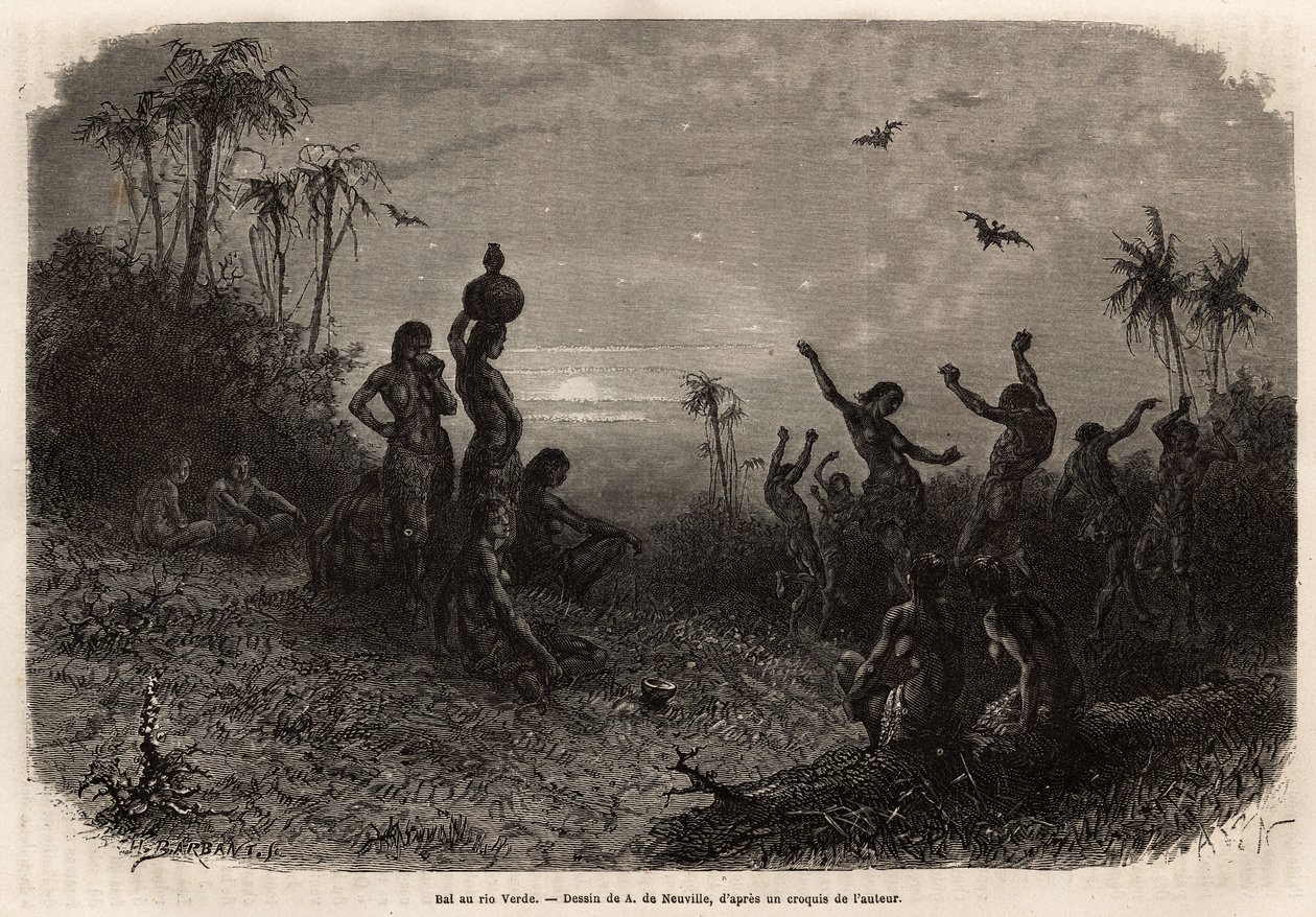 Il ballo al chiaro di luna, che chiude la cerimonia del 18° anniversario e il matrimonio di un giovane indiano di Rio Verde (Brasile). Incisione per illustrare il viaggio nella Nuova Granada, del Dr. Saffray, nel 1869, pubblicato in "Le tour du monde" 1873 da Unknown artist