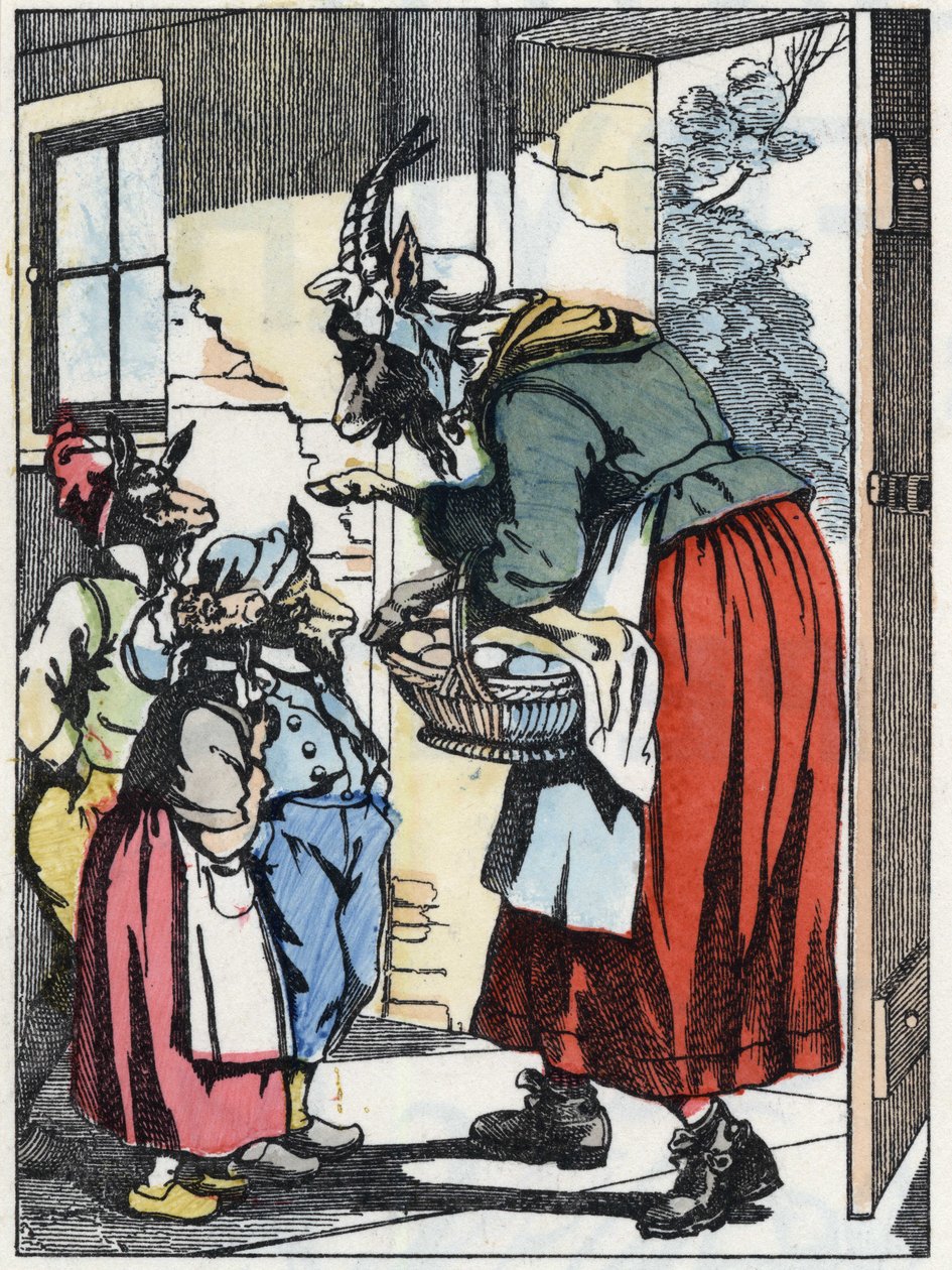 La madre capra parte per la passeggiata e avverte i suoi biquets. Illustrazione della fiaba "Compere le Loup, Maitre Renard, Comere la Chevre et ses petits biquets" dopo una favola di Jean de la Fontaine. In "Fiabe dalla casa per i piccoli". Incisione anon da Unknown artist