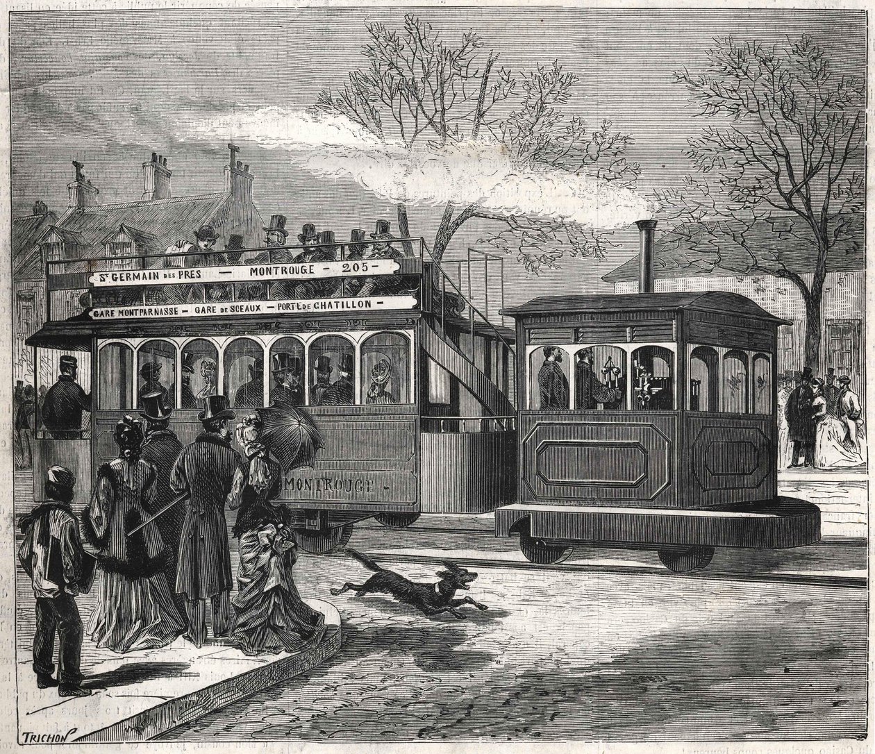 I nuovi tram a vapore a Parigi nel 1876 sulla linea di Saint-Germain-des-Prés alla porta di Chatillon, incisione. Collezione Bianchetti da Unknown artist