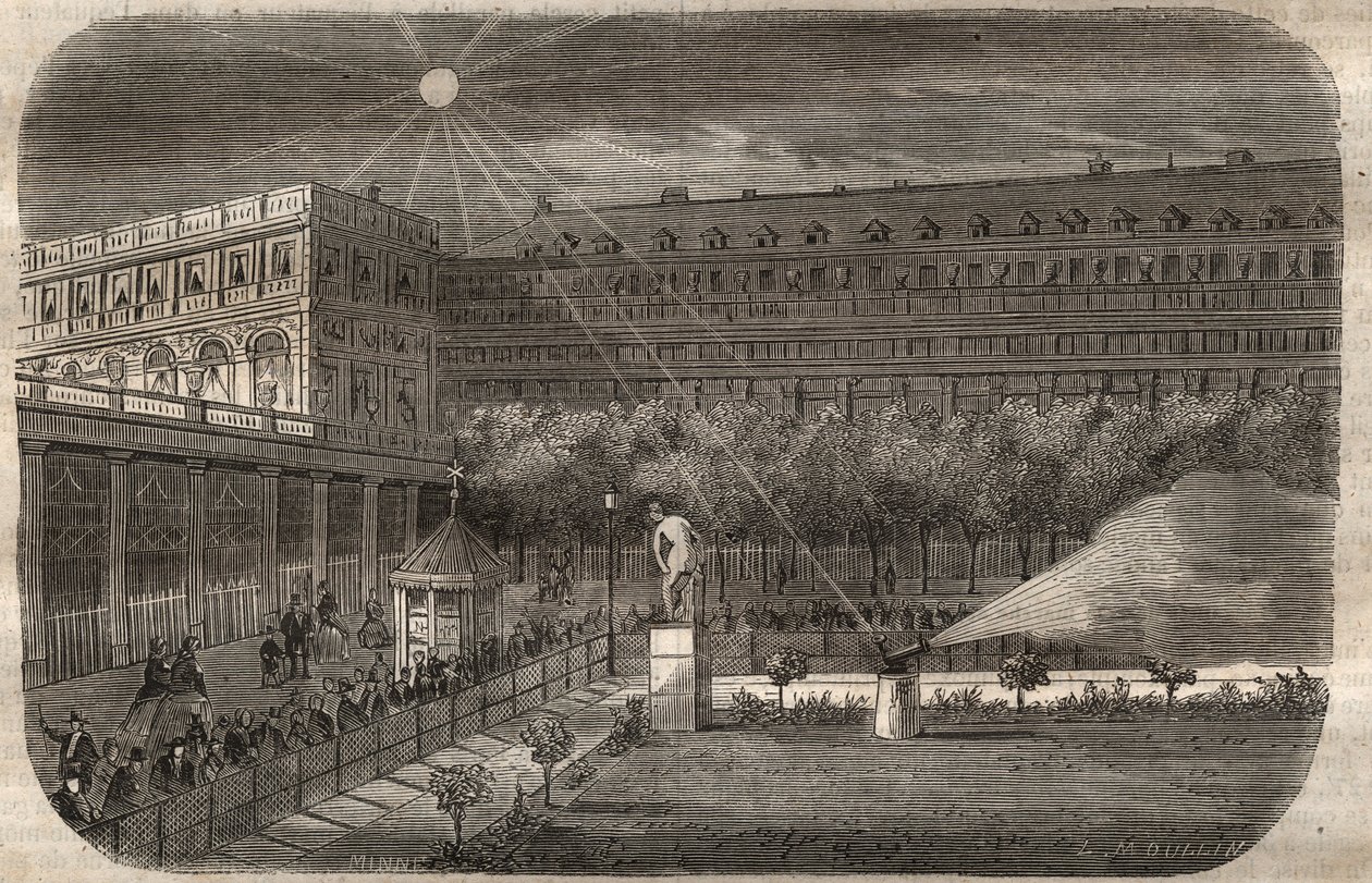 Il cannone di mezzogiorno (cannone solare) al Palais Royal (Palais-Royal) a Parigi. Incisione del 1857 in "Il Museo delle Scienze" da Unknown artist