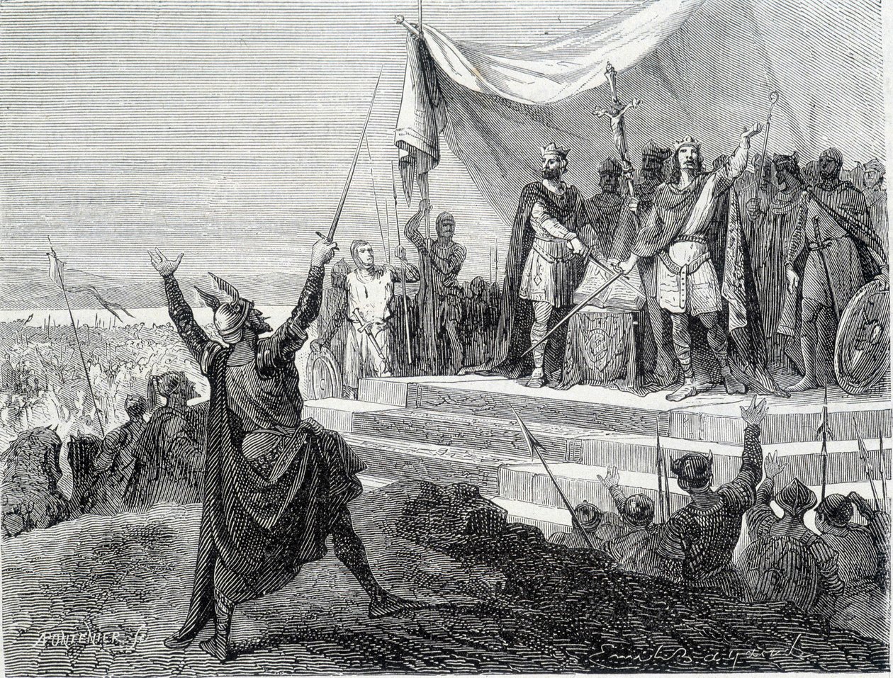 Il giuramento dei due fratelli davanti alle loro armature: Carlo II il Calvo e Ludovico II il Germanico giurano contro Lotario I (Giuramenti di Strasburgo 842) da Unknown artist
