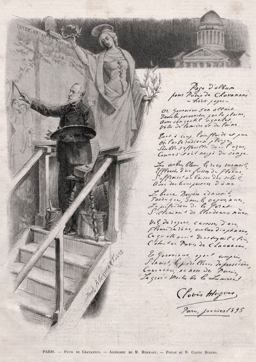 Il pittore Puvis de Chavannes (1824-1898) occupato a dipingere - allegoria di M. Merwart con una poesia di Clovis Hugues da Unknown artist