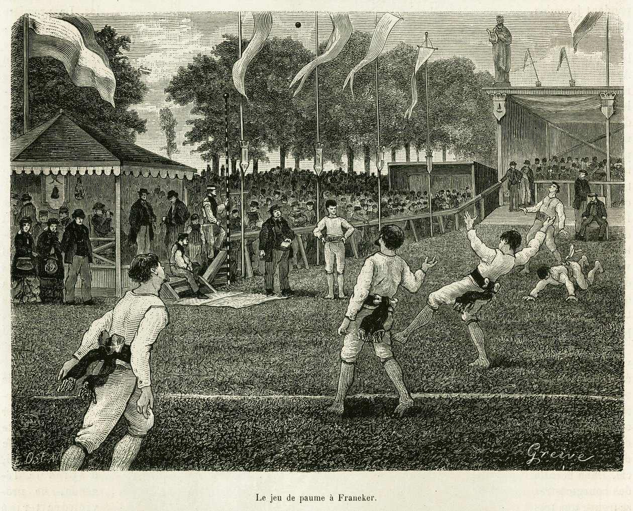 Il gioco del palmo a Franeker (Paesi Bassi). Incisione per illustrare la storia La Frisia, basata su un rapporto di un giornale olandese, in Le Tour du monde 1886, diretto da Edouard Charton (1807-1890), Hachette, Parigi. da Unknown artist