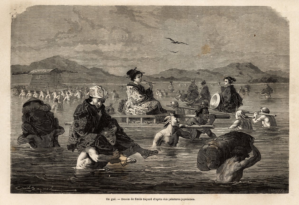 Il passaggio di un guado, con presentazione dei modi di trasporto dei passeggeri e dei bagagli. Incisione per illustrare il viaggio in Giappone, nel 1863-1864, di Aime Humbert, ministro della Confederazione Svizzera, in 