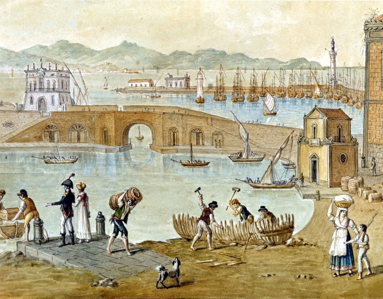 Il porto di Napoli e Santa Lucia intorno al 1800: i viaggiatori si preparano a partire e i carpentieri costruiscono una barca. Acquerello da Unknown artist