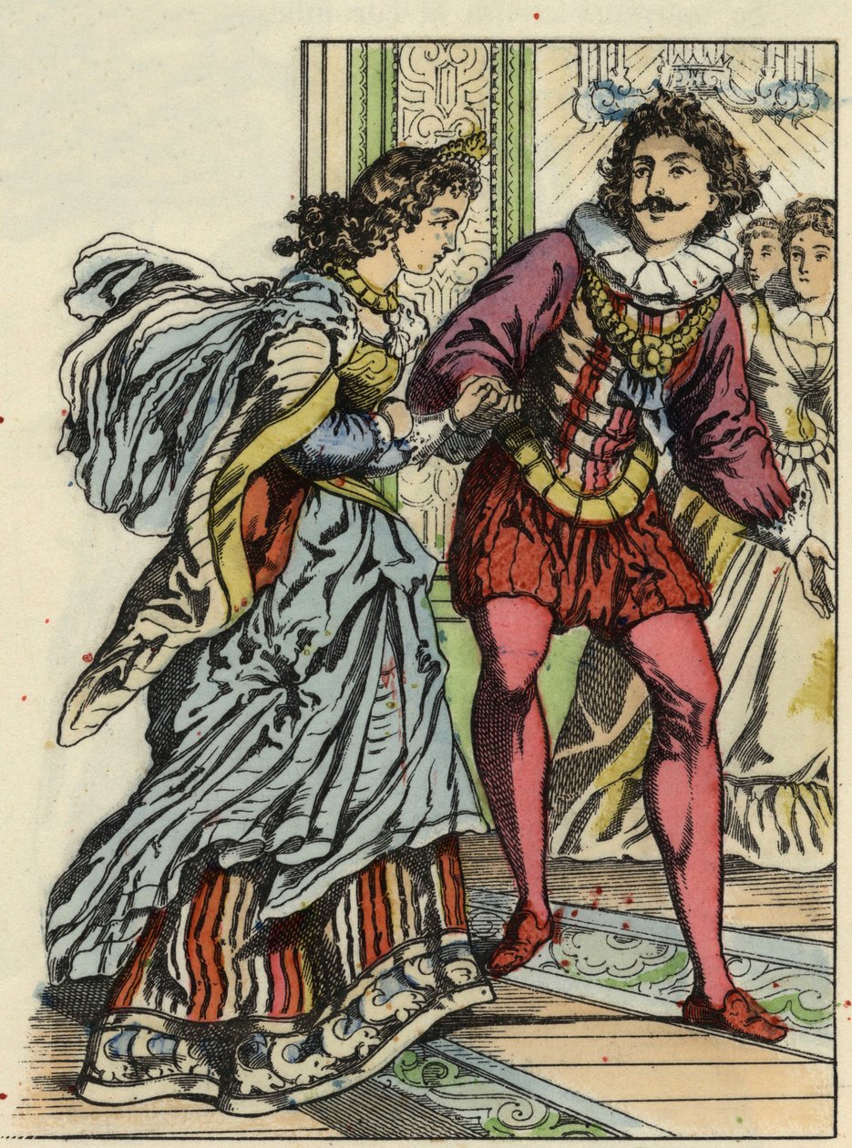 Il principe invita Cenerentola a ballare. Illustrazione del racconto di Charles Perrault "Cenerentola o La piccola scarpetta di vetro" da Unknown artist