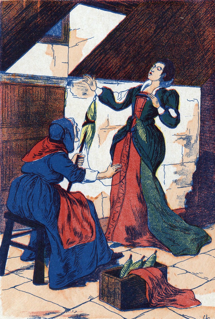La principessa si punge la mano e si addormenta. Illustrazione anonima per "La bella addormentata nel bosco", racconto di Charles Perrault (1628-1703), scrittore francese. Immagini di Marcel Vagne, Jarville Nancy, non datato (fine XIX secolo) da Unknown artist