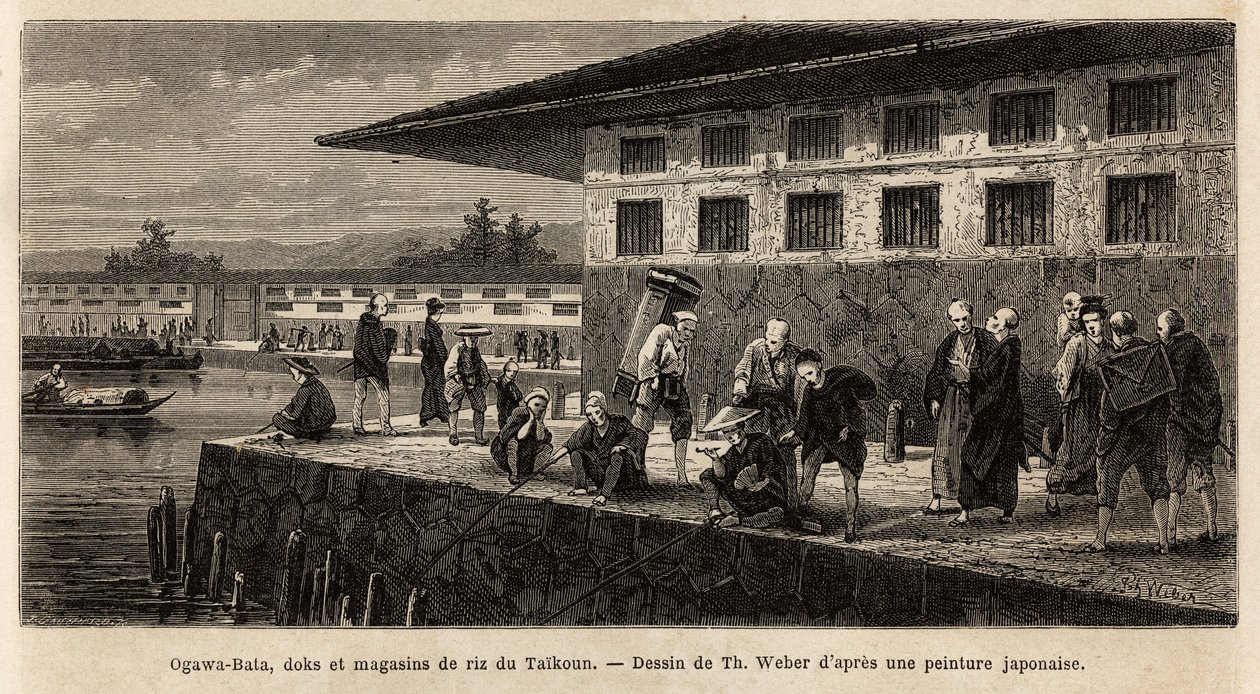 Il molo e i magazzini dei negozi di riso a Taikoun, sul fiume Ogawa, incisione per illustrare il viaggio in Giappone di Aime Humbert, ministro della Confederazione Svizzera, 1863-1864 da Unknown artist