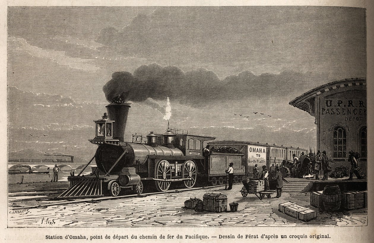 La ferrovia ha la stazione di Omaha (Nebraska), punto di partenza delle linee che portano al Pacifico. Incisione per illustrare il viaggio nel Far West americano, di M. L. Simonin, nel 1867, pubblicato in "Le tour du monde, nouveau journal des voyages" da Unknown artist