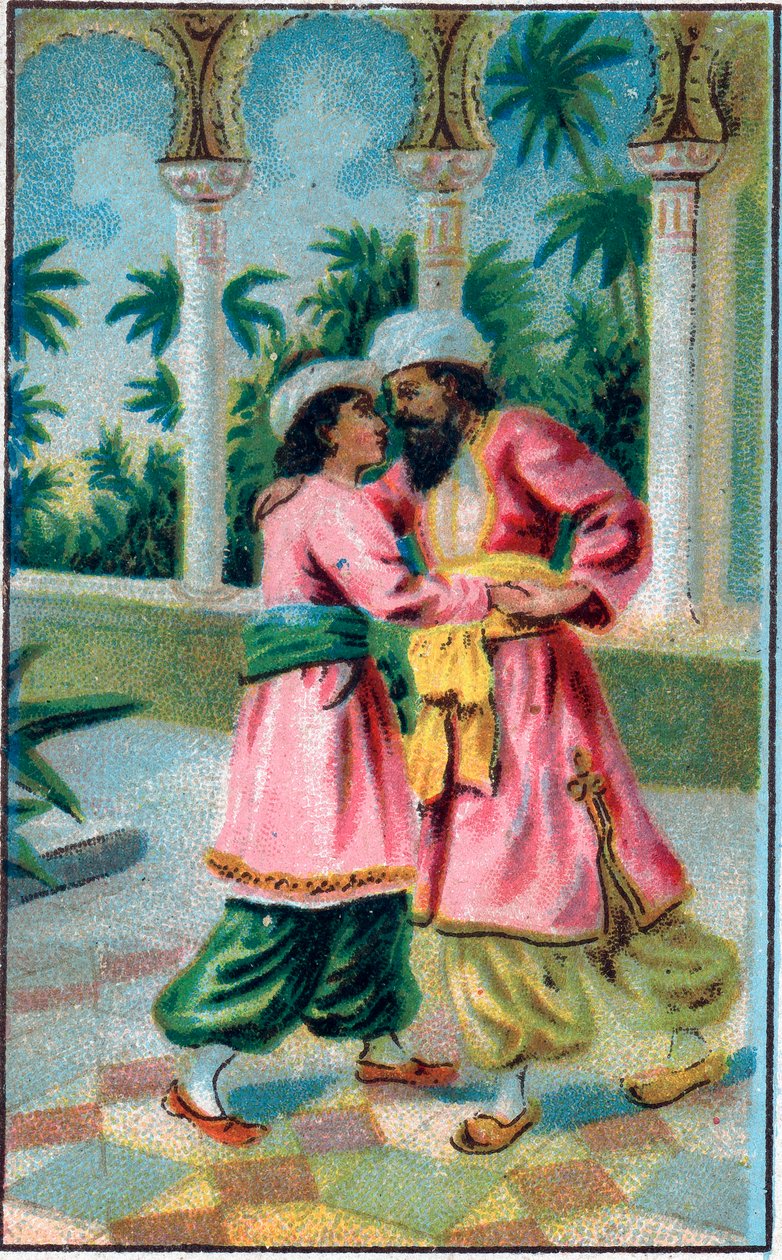 Il ritorno del principe. Racconto "Histoire du cheval enchanté" in "Les mille et une nuits". Cromolitografia della fine del XIX secolo. da Unknown artist