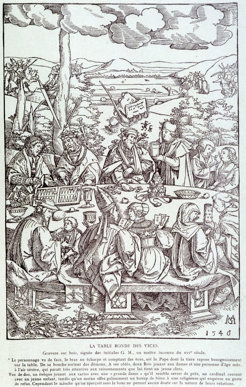 La tavola rotonda dei vizi: gioco, avarizia, lussuria, orgoglio... - Incisione 1546 da Unknown artist