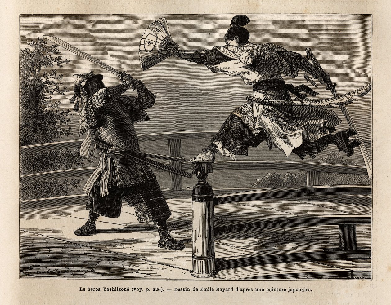 Il samurai Yashitsune in equilibrio sulla barriera di un ponte, attacca un samurai in armatura. Incisione per illustrare il viaggio in Giappone, nel 1863-1864, di Aime Humbert, ministro della Confederazione Svizzera, in "Le tour du monde, nouveau journal d da Unknown artist