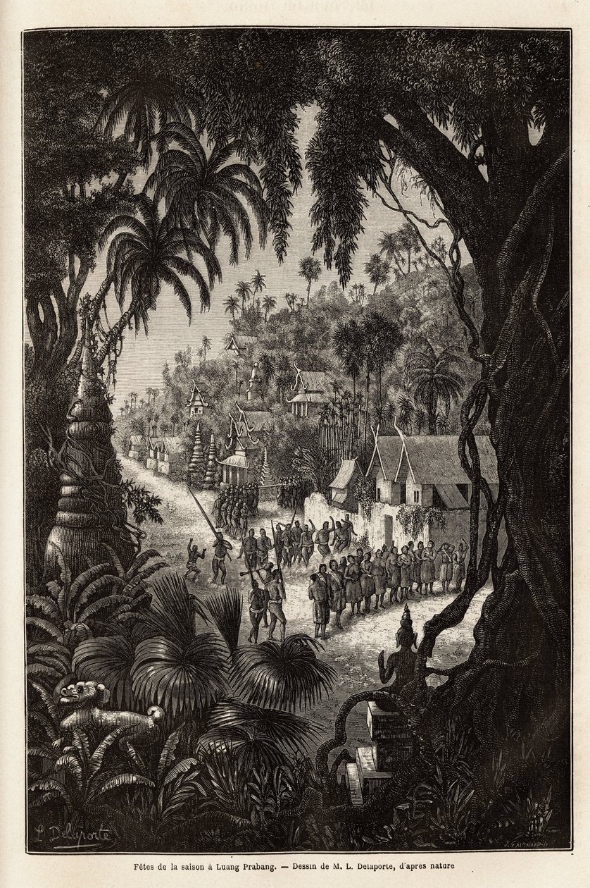 Le celebrazioni stagionali a Luang Prabang, capitale reale di Lan Xang (regno dei milioni di elefanti) (attuale Laos), consistenti in una processione degli abitanti e una pagoda di culto per tutta la città. Incisione per illustrare un viaggio di esplorazio da Unknown artist