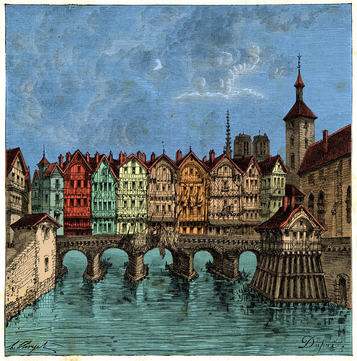 Il piccolo ponte che in seguito divenne il Pont au Change a Parigi nel Medioevo, incisione del XIX secolo da Unknown artist