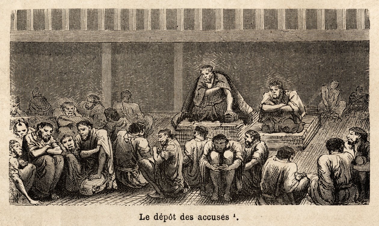 Le fasi della giustizia: il deposito delle accuse, tutte raccolte pêle-mêle nella stessa cella, spesso per lungo tempo, i detenuti possono ottenere più comfort, per esempio, due prigionieri hanno ottenuto stuoie che permettono loro di sollevarsi dal pavime da Unknown artist