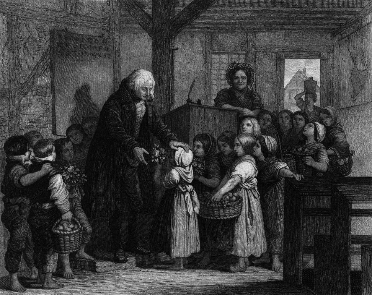 Gli studenti di una classe si riuniscono per dare fiori al loro insegnante di scuola nel giorno del suo compleanno. Incisione del XIX secolo da Unknown artist