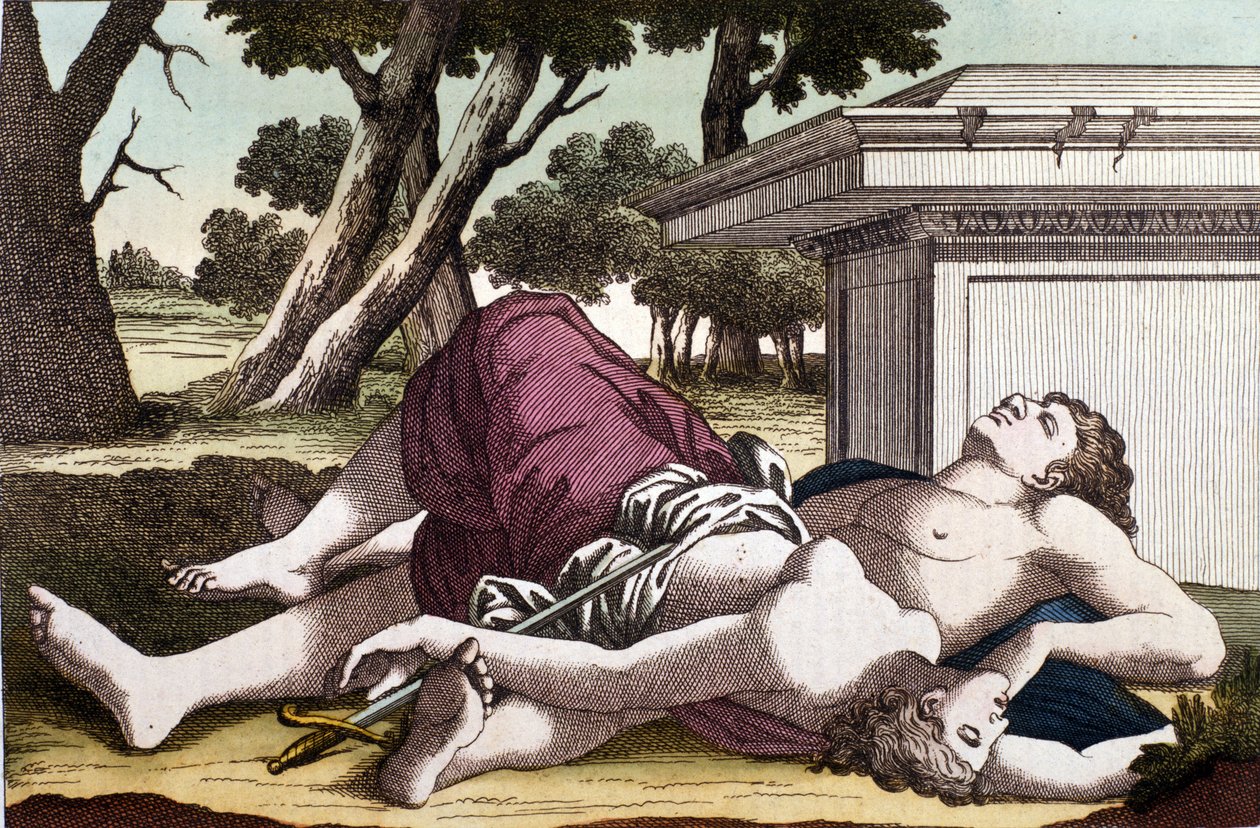 Il suicidio di Piramo sotto il gelso e la morte di Tisbe. Convinto che la leonessa avesse divorato Tisbe, Piramo si suicida e copre di sangue i bianchi gelsi. Tisbe, nascostasi per sfuggire alla leonessa, trova il suo amore morto e si suicida da Unknown artist