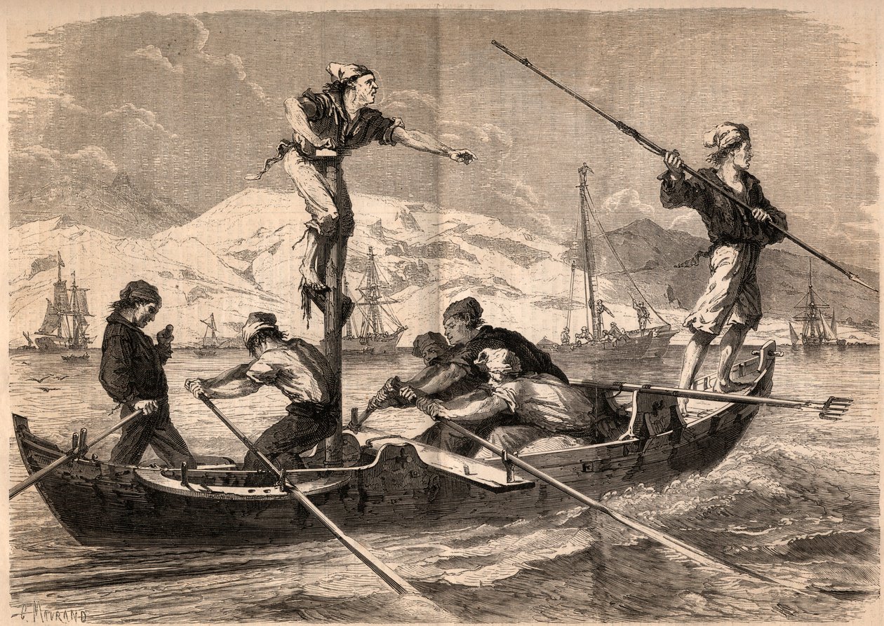La pesca del pesce spada sulla costa della Sicilia in Italia nel 1862. Incisione in "Le Monde illustré" del 1862. Collezione privata. da Unknown artist