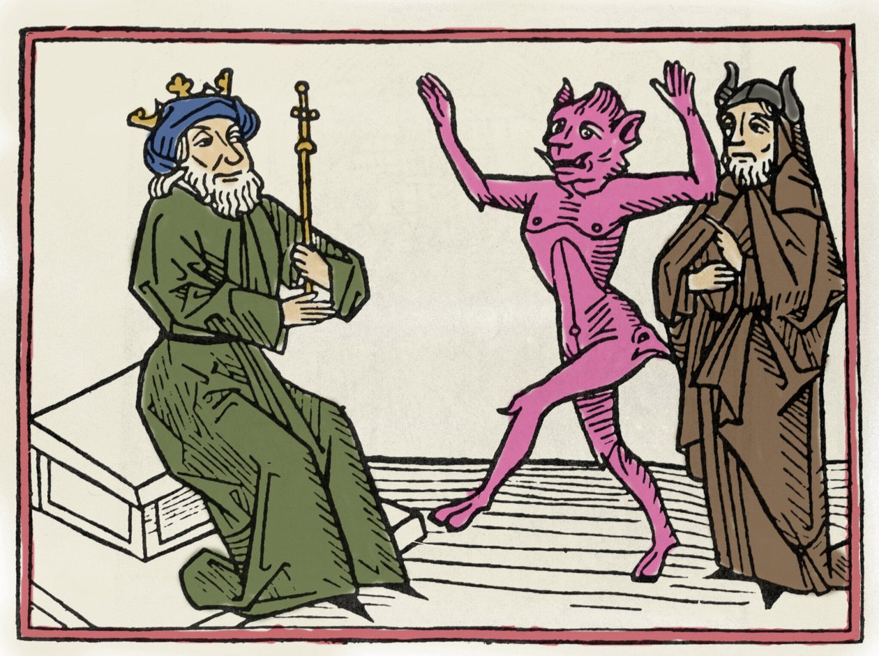 Il processo di Belial: "Il demone Belial danza davanti al giudice Salomone" Incisione da "Il processo di Belial" di Jacobus de Teramo (o Palladino), Ausburg da Unknown artist