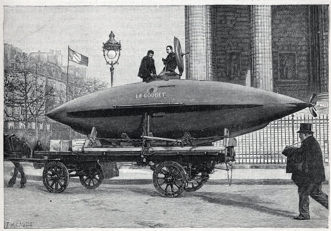 Il sottomarino "Le Goubet", trasportato per esperimenti, passa per Place de la Madeleine a Parigi. Incisione in "La Nature" da Unknown artist