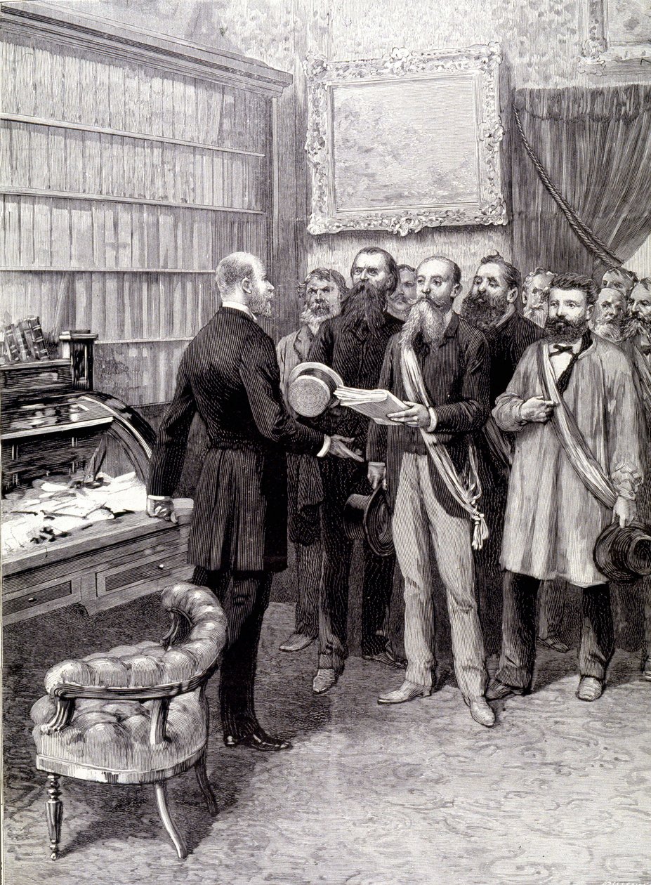 La visita dei delegati dei lavoratori al Palais Bourbon (Jules Guesde, Mr Ferroul, Mr Baudin e Mr Thivrier) al Segretario Generale della Presidenza: Mr Martin, durante la manifestazione del 1° maggio da Unknown artist