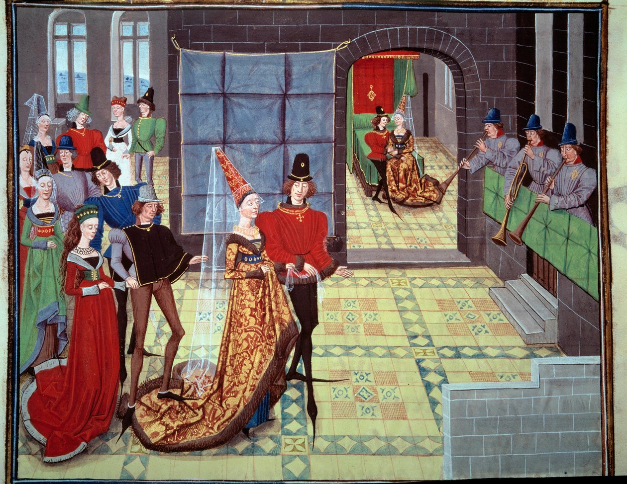 Il matrimonio di Renaud e Clarisse, sullo sfondo la notte di nozze. Miniatura dal manoscritto Renaud de Montauban o Les quatre fils Aymon di Loyset Liedet (attivo tra il 1448 e il 1478). Ms. 5073. XV secolo Bibliothèque de l