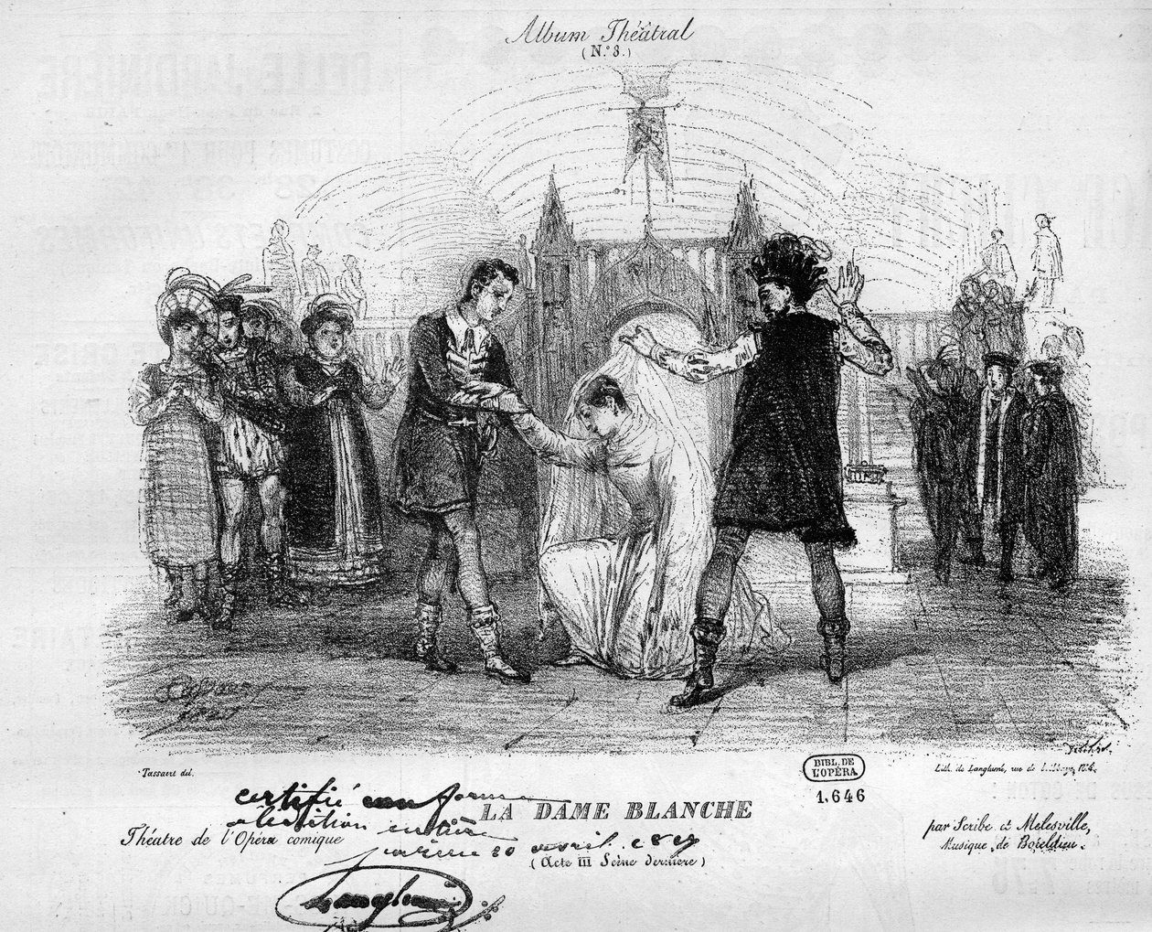 La dama bianca nei costumi originali del 1825. Opera in tre atti di François Adrien Boieldieu (1775-1834). Incisione in "Le Monde Illustré" da Unknown artist