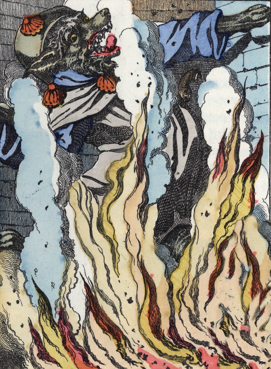 Il lupo cade nel fuoco del camino. Illustrazione della fiaba "Compere le Loup, Maitre Renard, Comere la Chevre et ses petits biquets" dopo una favola di Jean de la Fontaine. In "Fiabe dalla casa per i piccoli". Incisione anonima del XIX secolo da Unknown artist