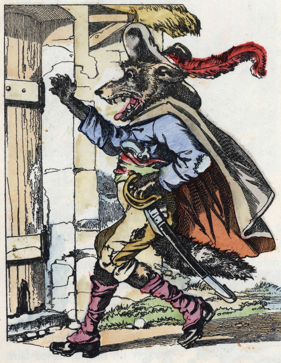 Il lupo bussa alla porta della casa del biquet. Illustrazione della fiaba "Compere le Loup, Maitre Renard, Comere la Chevre et ses petits biquets" di Jean de la Fontaine. In "Fiabe della casa per i piccoli". Incisione anonima da Unknown artist