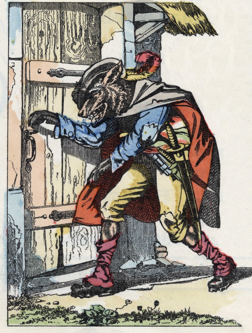 Il lupo bussa alla porta della casa dei biquets. Illustrazione della fiaba "Compere le Loup, Maitre Renard, Comere la Chevre et ses petits biquets" dopo una favola di Jean de la Fontaine. In "Fiabe dalla casa per i piccoli". Incisione anonima da Unknown artist