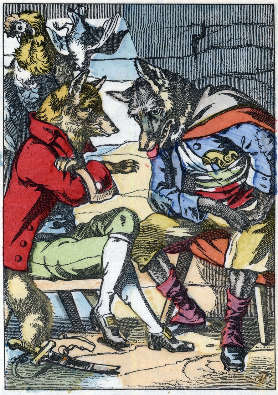 Il lupo incontra di nuovo la volpe. Illustrazione della fiaba "Compere le Loup, Maitre Renard, Comere la Chevre et ses petits biquets" di Jean de la Fontaine. In "Fiabe della casa per i piccoli". Incisione anonima del XIX secolo da Unknown artist