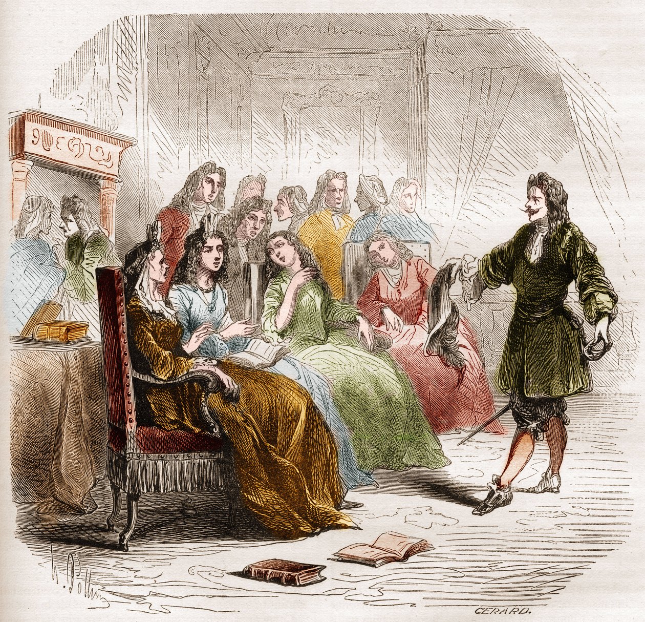 Lo scrittore Georges de Scudéry (1598-1667) durante un salotto letterario organizzato da sua sorella, Madeleine de Scudéry, nel 1650. Incisione del 1860-1861 da Unknown artist