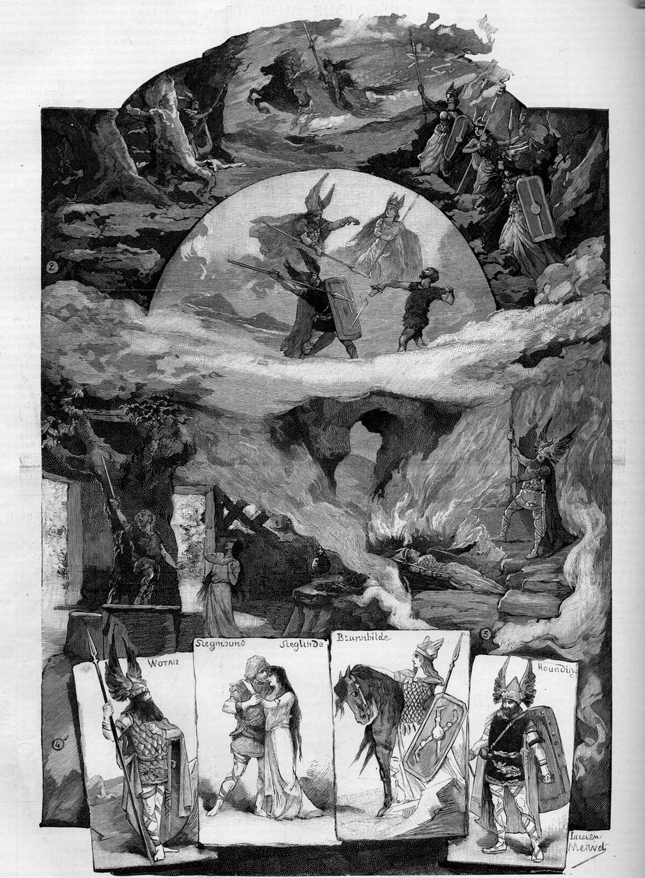 Pezzo teatrale "Die Walkure" (La Valchiria), dramma di Richard Wagner (1813-1883) rappresentato al Théâtre de la Monnaie a Bruxelles. Incisione in "Le monde illustre" da Unknown artist