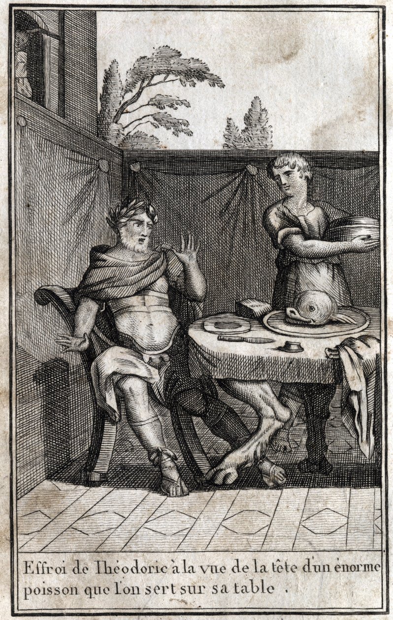 Teodorico il Grande (ca. 454/455-526), re dei Goti, è spaventato alla vista della testa di un enorme pesce servito sulla sua tavola. Incisione in 