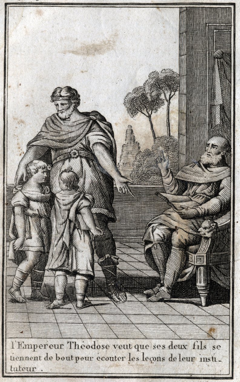 Teodosio I (Flavio Teodosio) (347-395), imperatore romano, vuole che i suoi due figli, Arcadio (377-408) e Onorio (384-423), si alzino per ascoltare le lezioni del loro insegnante. IV secolo. Incisione in "Bellezza della storia del basso impero" redatta da da Unknown artist