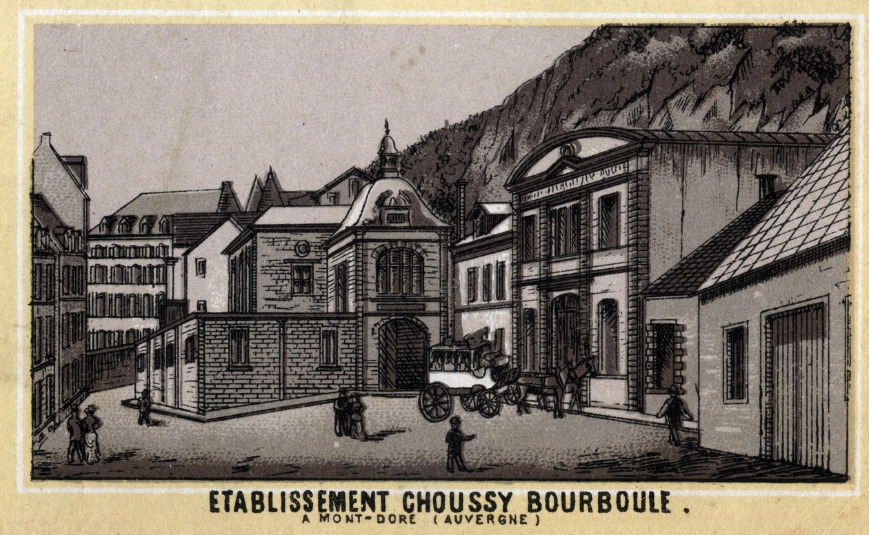 Stabilimenti termali di Choussy a Bourboule nel massiccio dei Monts Dore, nel dipartimento di Puy-de-Dome in Alvernia. Cromolitografia della fine del XIX secolo da Unknown artist