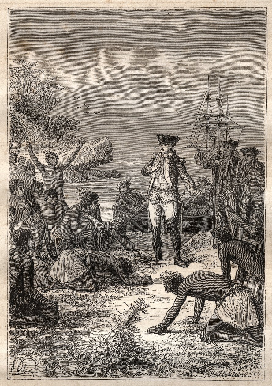 Terzo viaggio (1776-1779) del Capitano James Cook (1728-1779): Cook è accolto dai nativi (Hawaii) - illustrazione tratta da "I grandi marinai del XVIII secolo" da Unknown artist