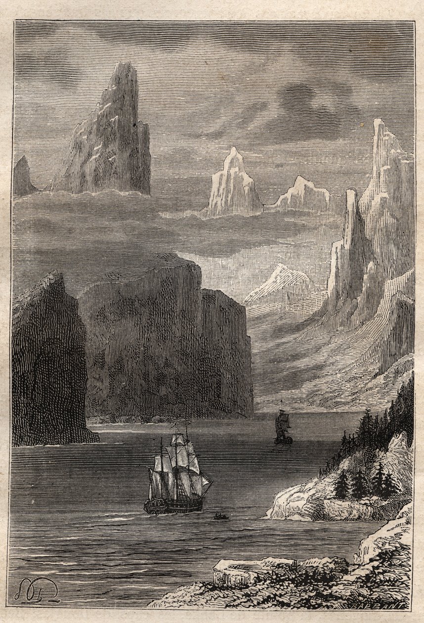 Terzo viaggio (1776-1779) del capitano James Cook (1728-1779): ingresso del Principe William (Alaska) - illustrazione tratta da 