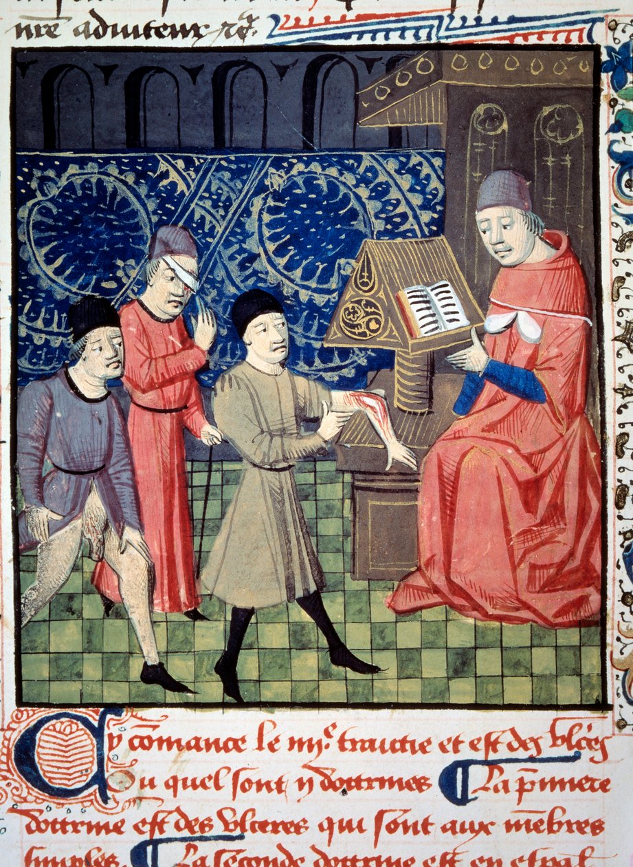 Tre pazienti con ulcere al braccio, occhio e genitali davanti al medico. Miniatura da Chirurgia (Folio 66) scritta da Guy de Chauliac da Unknown artist