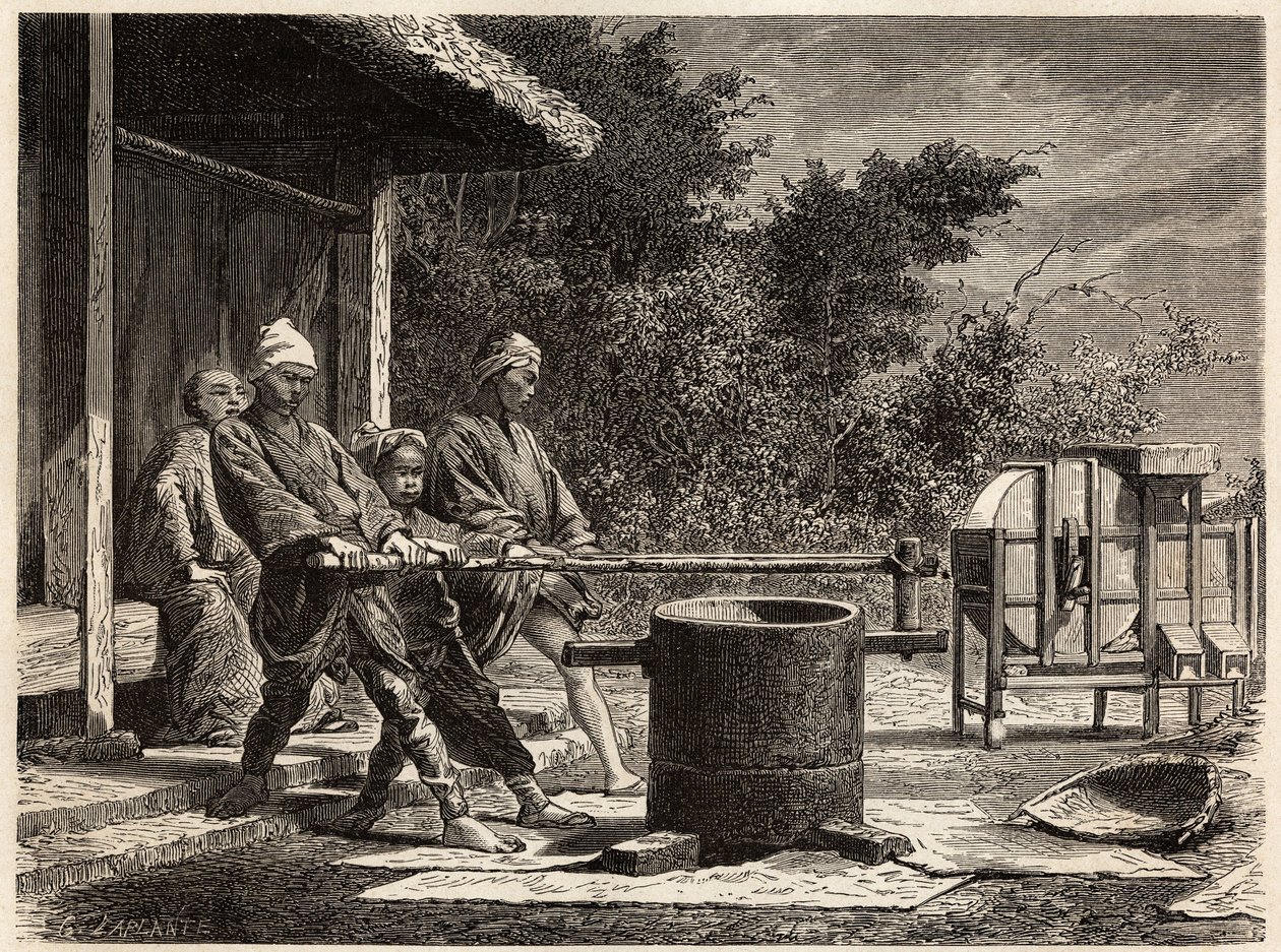Tre contadini che operano il mulino del riso. Incisione per illustrare il viaggio in Giappone nel 1863-1864, di Aime Humbert, ministro della Confederazione Svizzera, in 