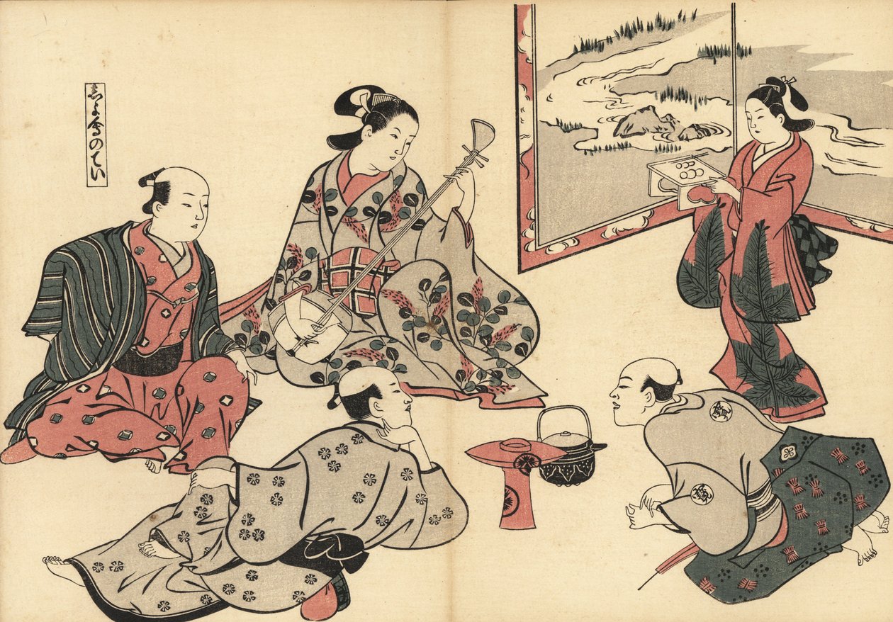 Tre samurai ascoltano una cortigiana suonare lo shamisen, mentre una kamuro porta cibo su un vassoio. Stampa a blocchi di legno di Masanobu Okumura (1686-1764) da Fuzoku Emakimono, Rotolo Illustrato del Commercio dell