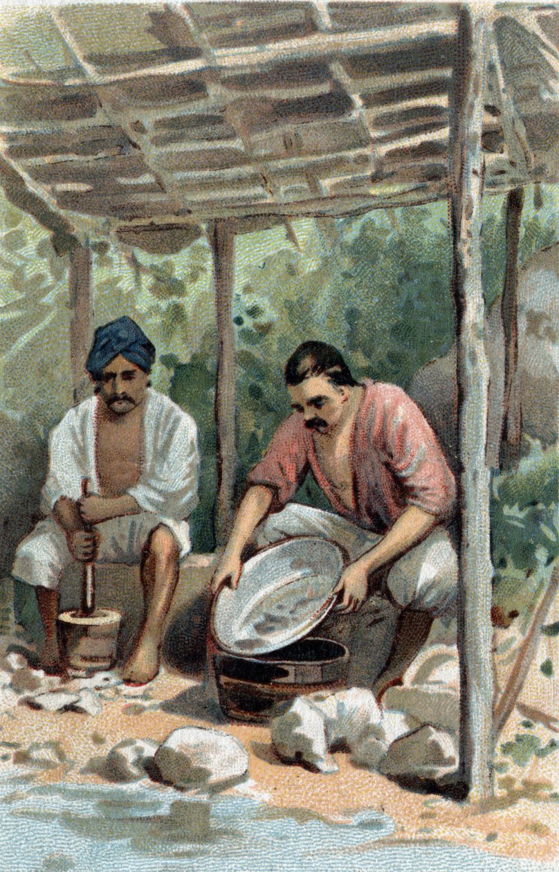 Lavatori di stagno a Malacca (Malaka), Malesia. Cromolitografia della fine del XIX secolo da Unknown artist