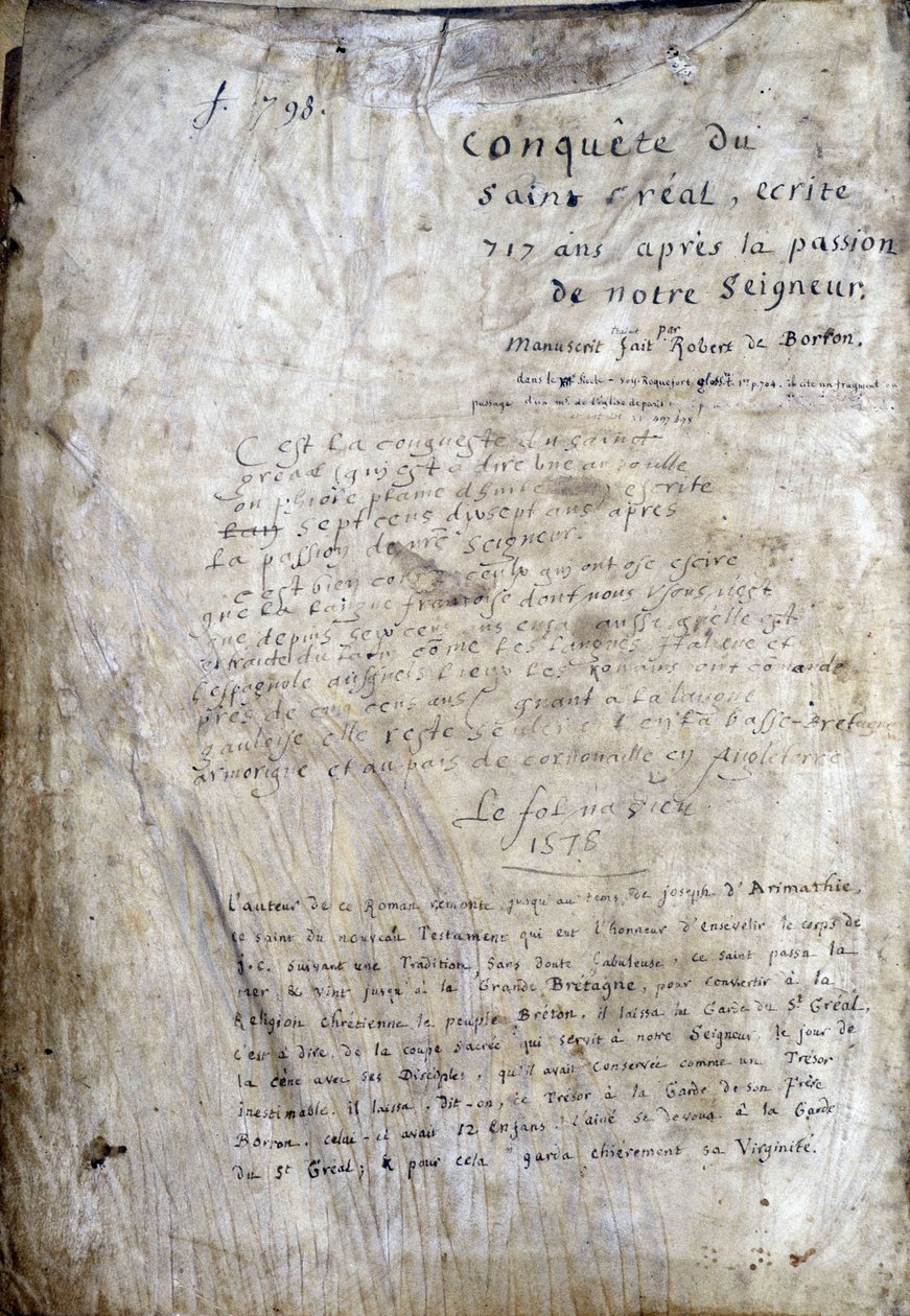 Pagina del titolo di un manoscritto: Conquista del Santo Graal, scritto 717 anni dopo la passione del nostro Signore. Biblioteca municipale di Rennes, ms. 255 (Collezione di romanzi della Tavola Rotonda) da Unknown artist
