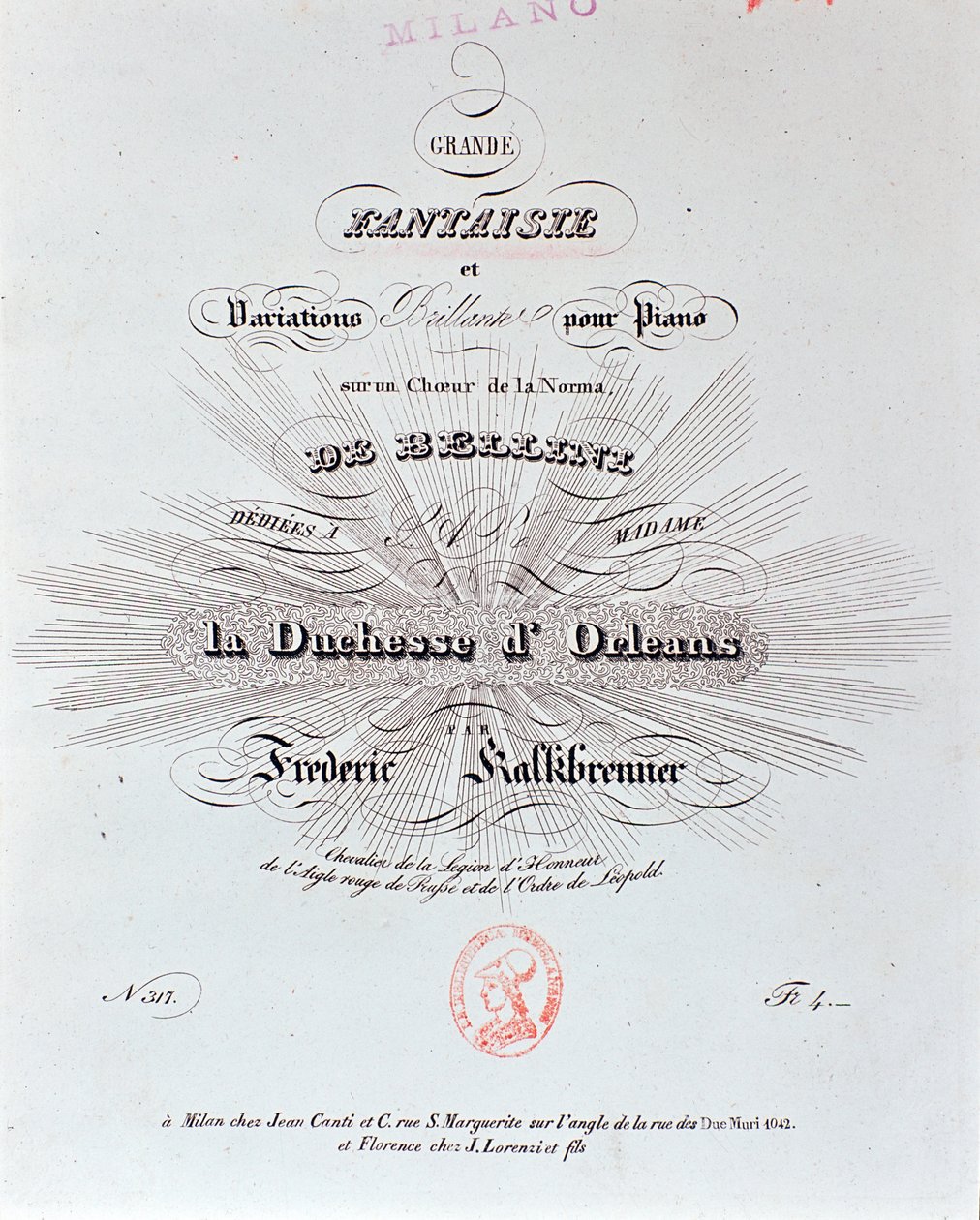 Pagina del titolo della partitura di Grande Fantaisie di F Kalkbrenner da Unknown artist