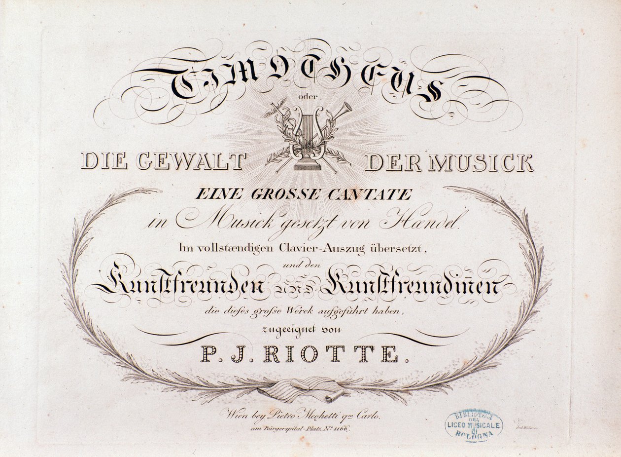 Pagina del titolo della partitura musicale di Timotheus di G F Handel (1812) da Unknown artist