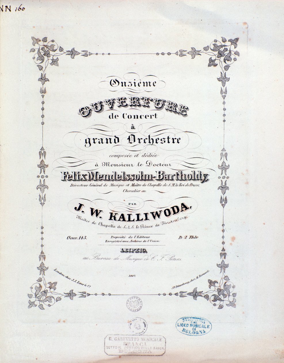 Pagina del titolo della partitura musicale di ouverture n.11 di Kalliwoda da Unknown artist