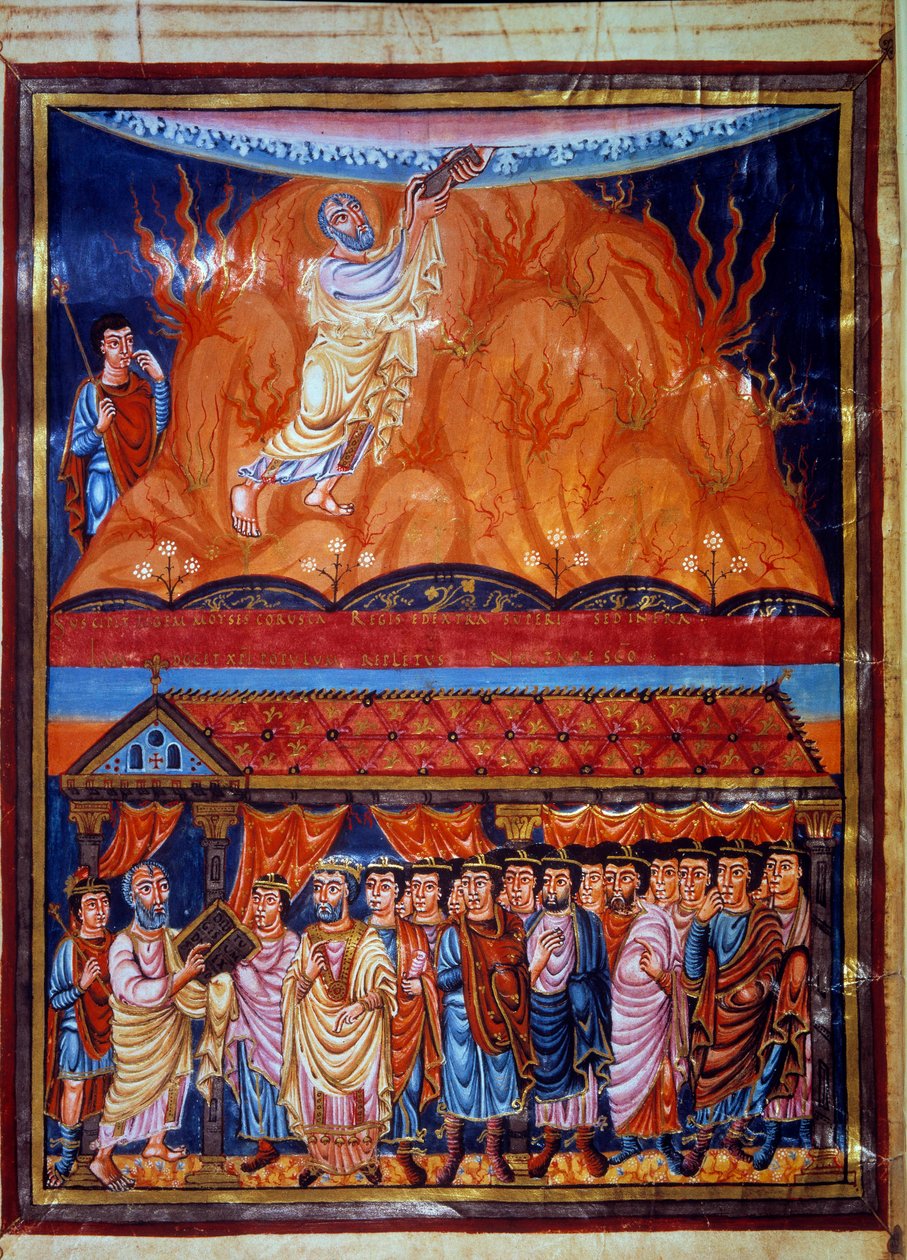 Mosè riceve le tavole della Legge, Mosè spiega la Legge al popolo ebraico. Miniatura dalla Prima Bibbia di Carlo il Calvo, IX secolo da Unknown artist