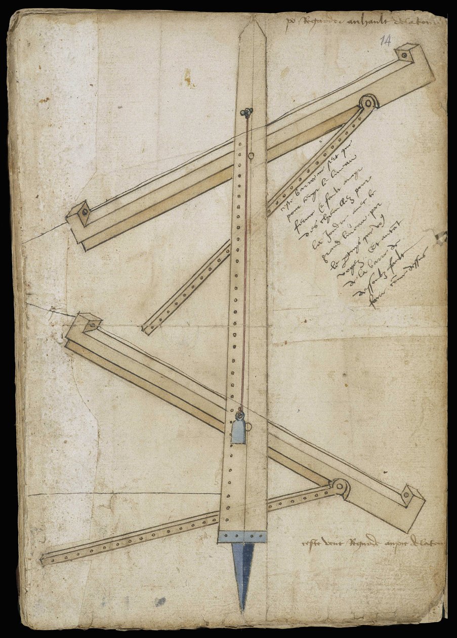 Macchina di misurazione della torre - Manoscritto: foglio di pergamena di un manuale di ingegneria per la costruzione di edifici civili, religiosi e militari, anonimo, fine XV secolo (figura in inchiostro cinese) da Unknown artist