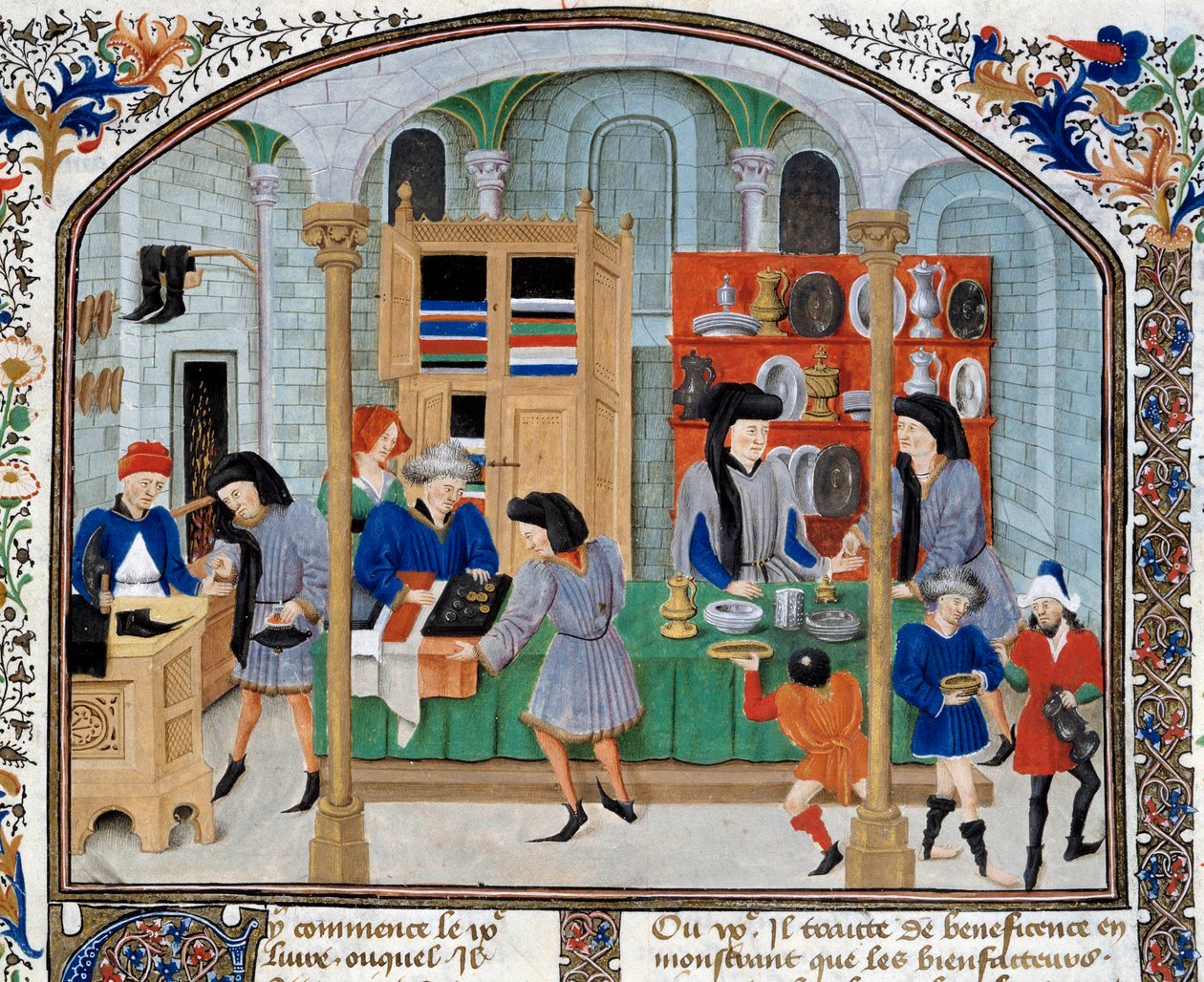 Scena di commercio: mercanti in un negozio presentano stoviglie e argenteria ai loro clienti da Unknown artist